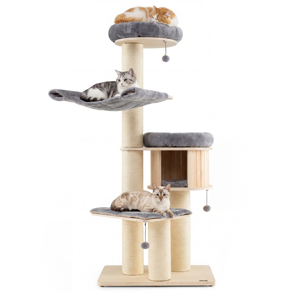 4-Layer 68.5-Inch Wooden Cat Tree Condo Activity Tower with Sisal Posts-Natural