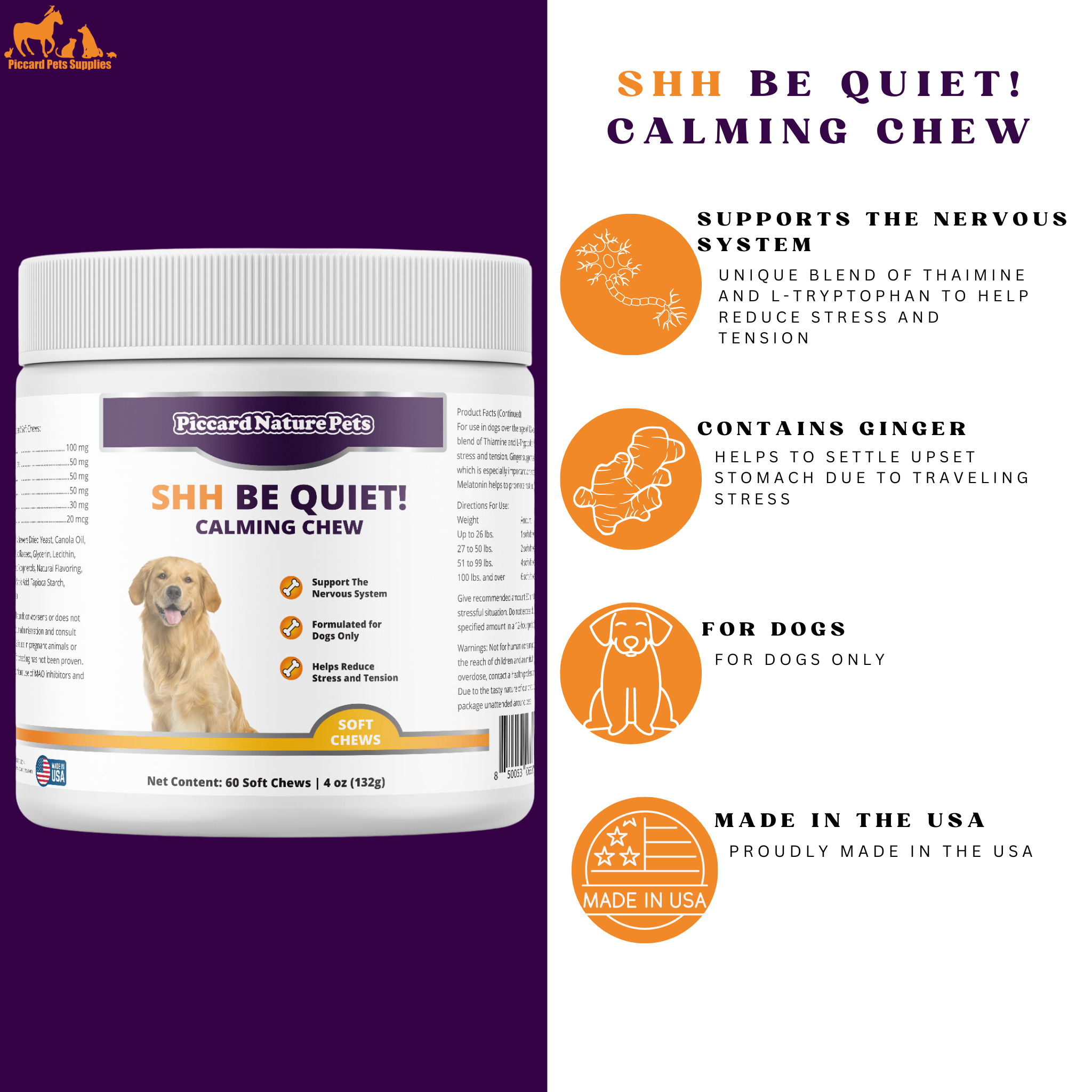 PiccardNaturePets Shh Be Quiet! Calming Aid Dog Supplement 60 Count